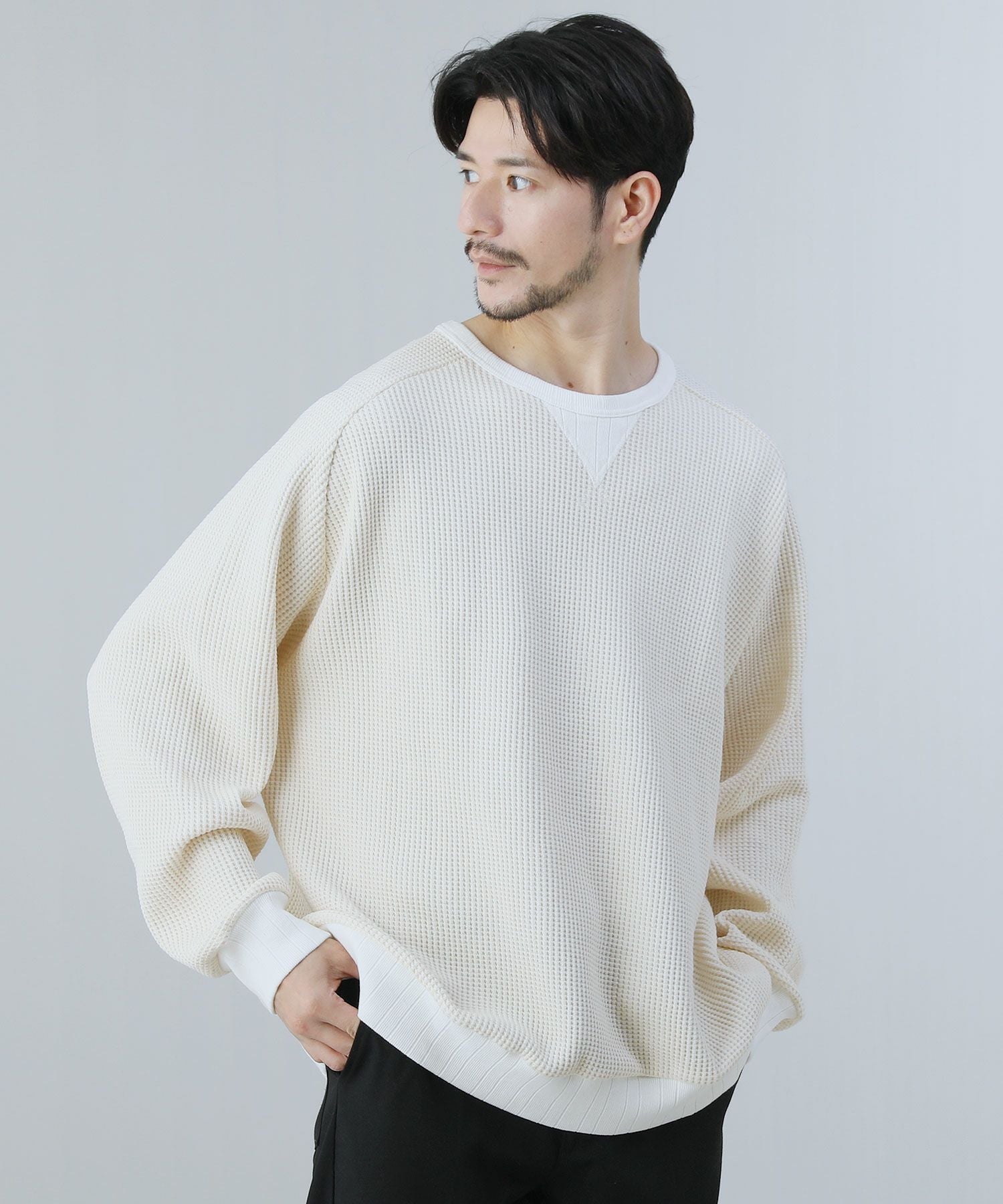 日本製ビッグワッフルサドルショルダーガゼットクルーネックXL