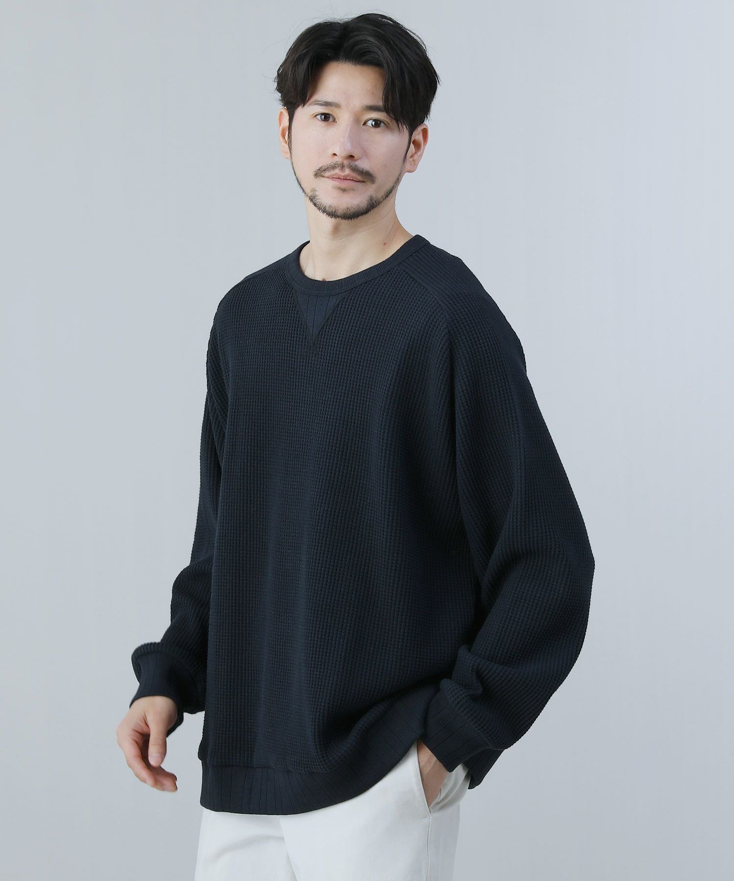 日本製ビッグワッフルサドルショルダーガゼットクルーネックXL