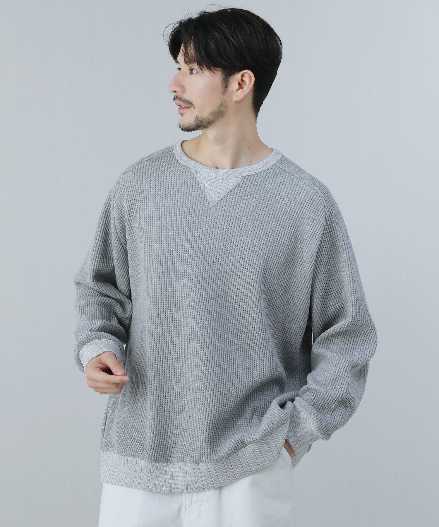 日本製ビッグワッフルサドルショルダーガゼットクルーネックXL