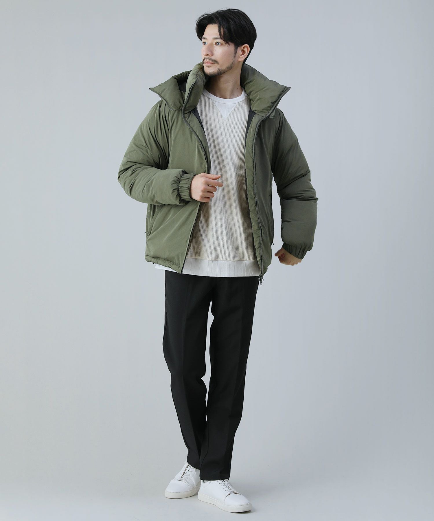 日本製ビッグワッフルサドルショルダーガゼットクルーネックXL