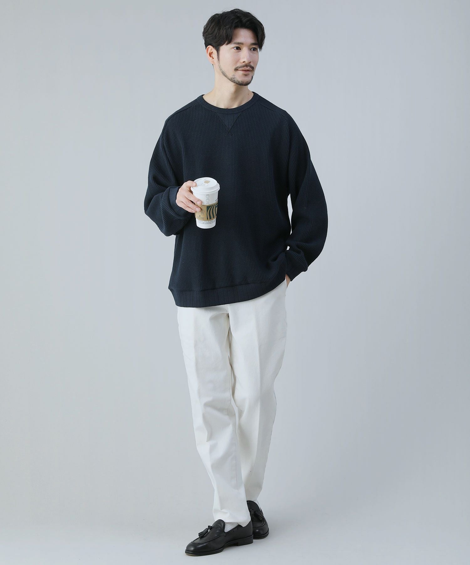 日本製ビッグワッフルサドルショルダーガゼットクルーネックXL