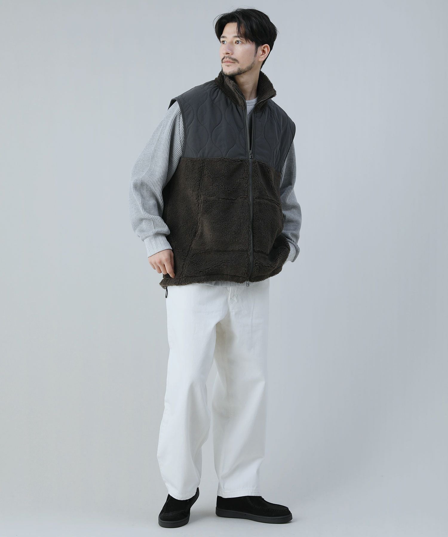 日本製ビッグワッフルサドルショルダーガゼットクルーネックXL