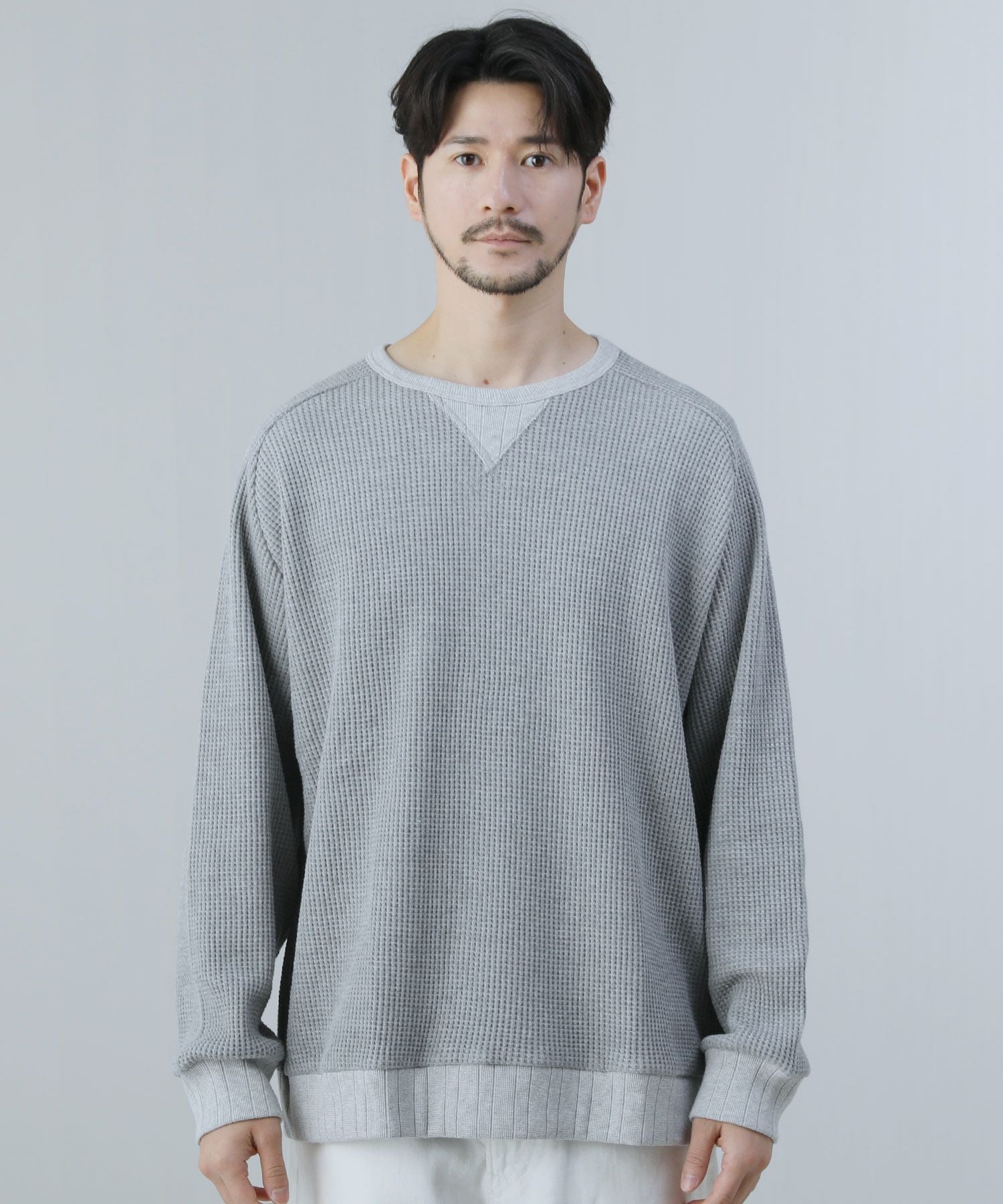 日本製ビッグワッフルサドルショルダーガゼットクルーネックXL