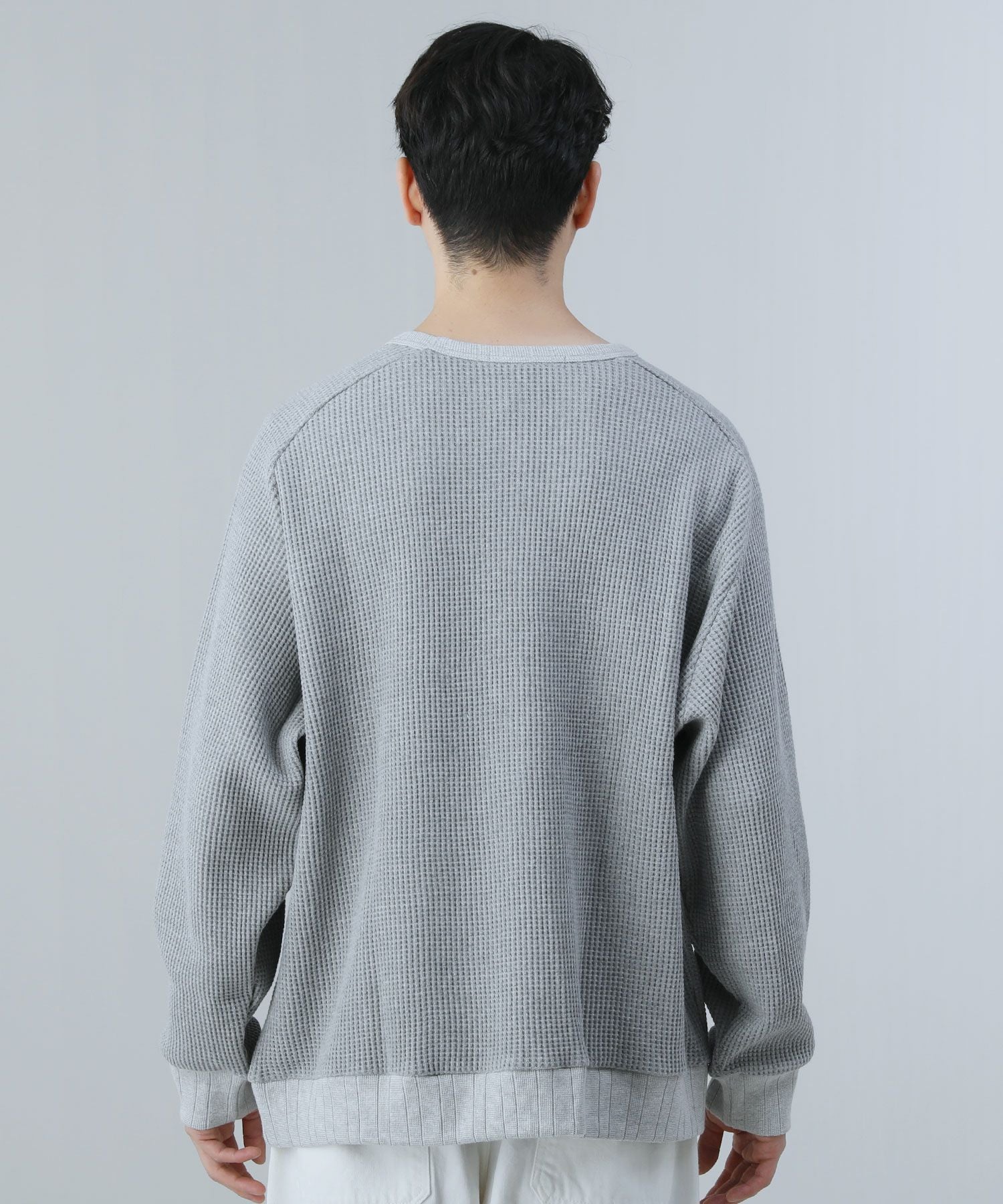 日本製ビッグワッフルサドルショルダーガゼットクルーネックXL