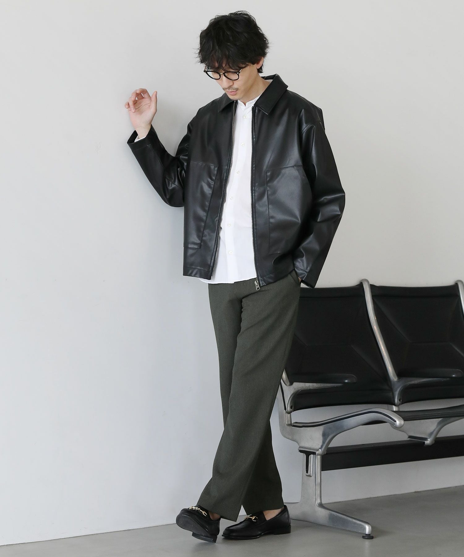 黒 レザージャケット ジップアップ Synthetic Leather Zip Up Jacket［2465amy-3］レザージャケット