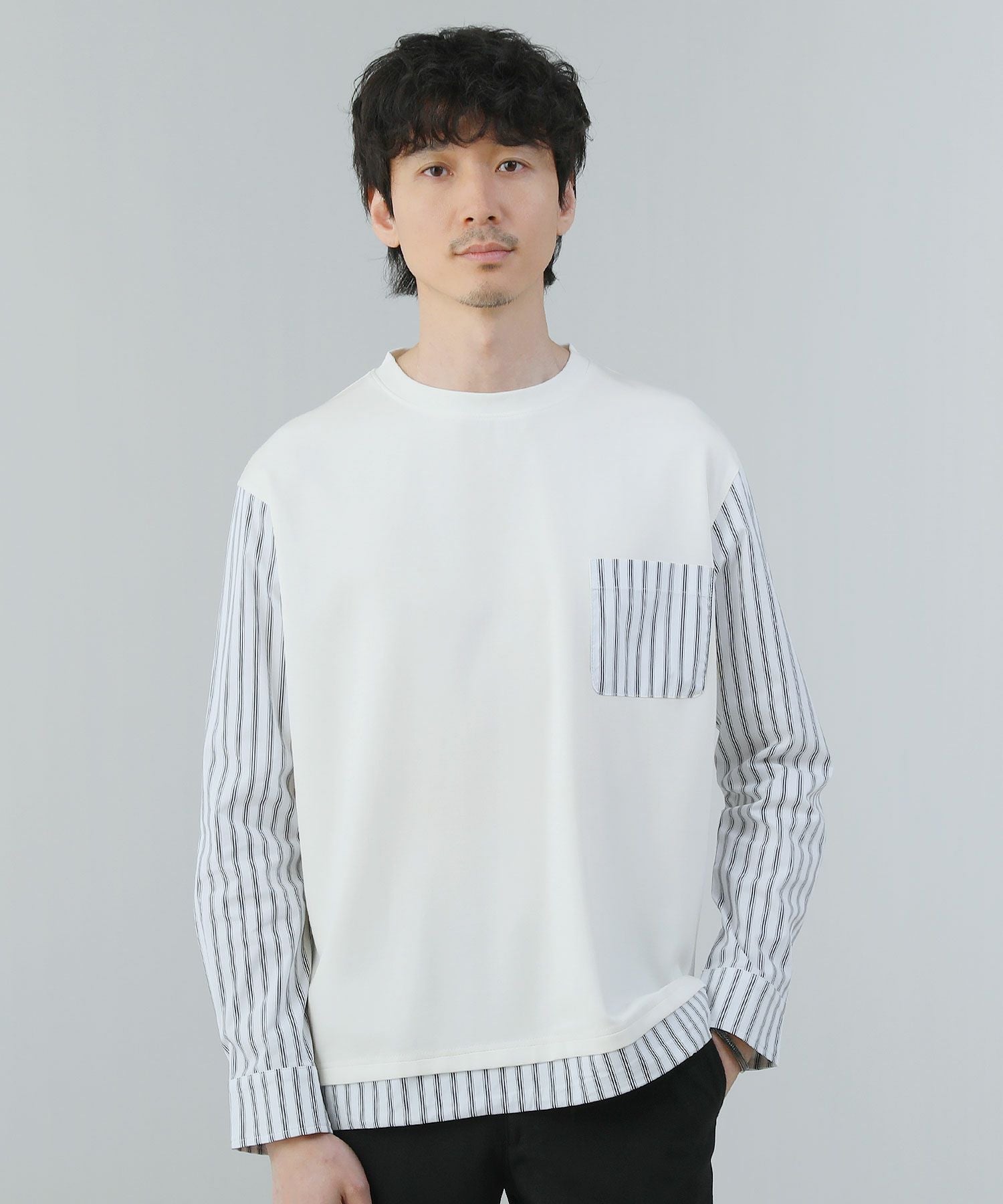 ポンチ×ストライプ布帛切り替え長袖Tシャツ | 【公式】SPU スプ公式