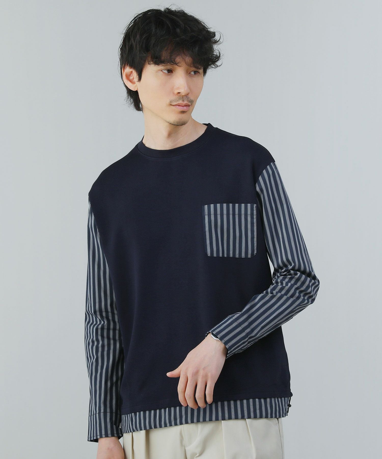 ポンチ×ストライプ布帛切り替え長袖Tシャツ | 【公式】SPU スプ公式