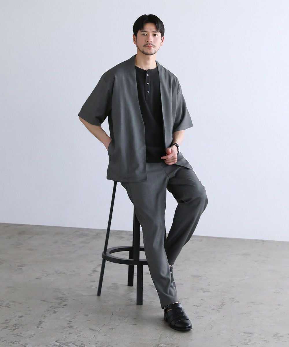 セットアップ 2点セット】接触冷感テックリネンノーカラー半袖カーデor