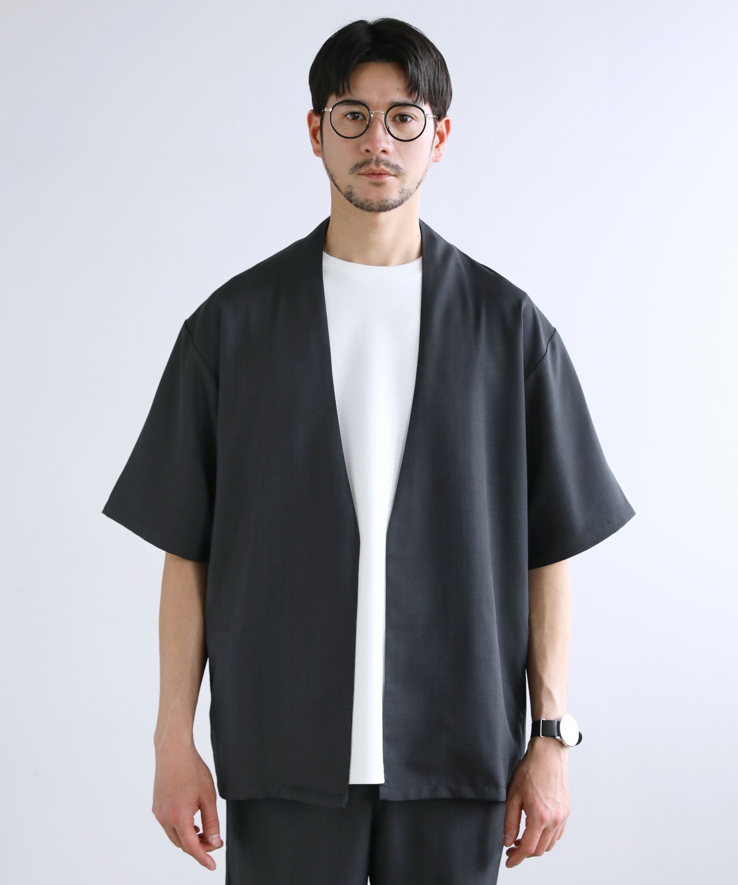 セットアップ 2点セット】接触冷感テックリネンノーカラー半袖カーデor