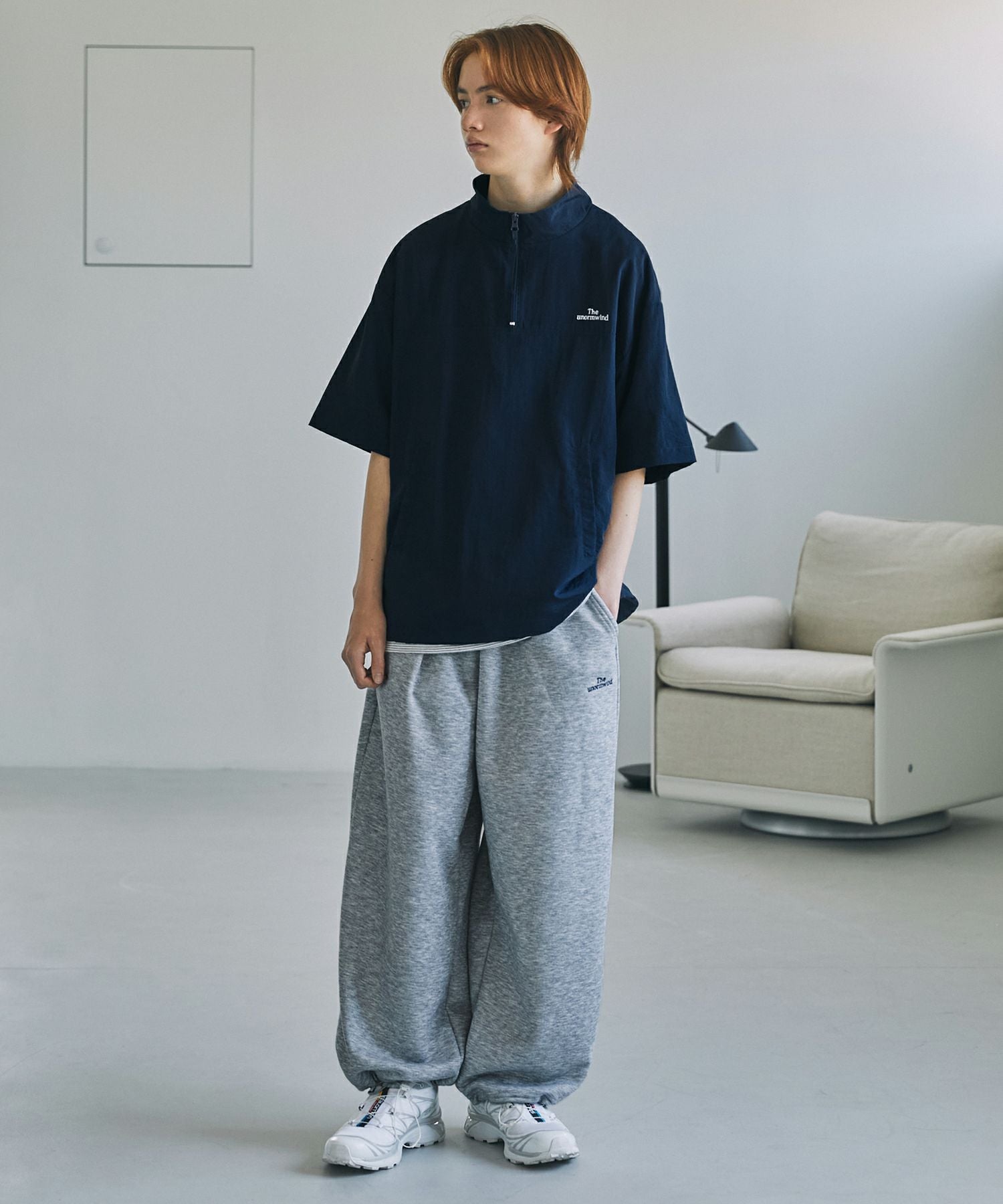 セットアップ対応】 刺繍ロゴワッシャーナイロン半袖ハーフジップ裾