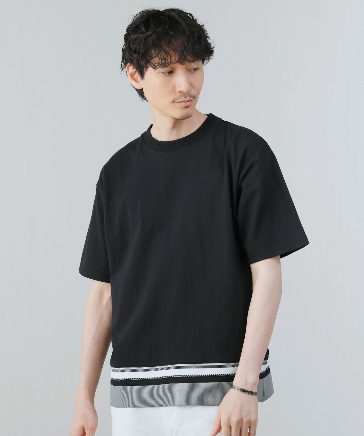 ミドルウェイト裾ジャガードリブデザイン半袖クルーネックTシャツ