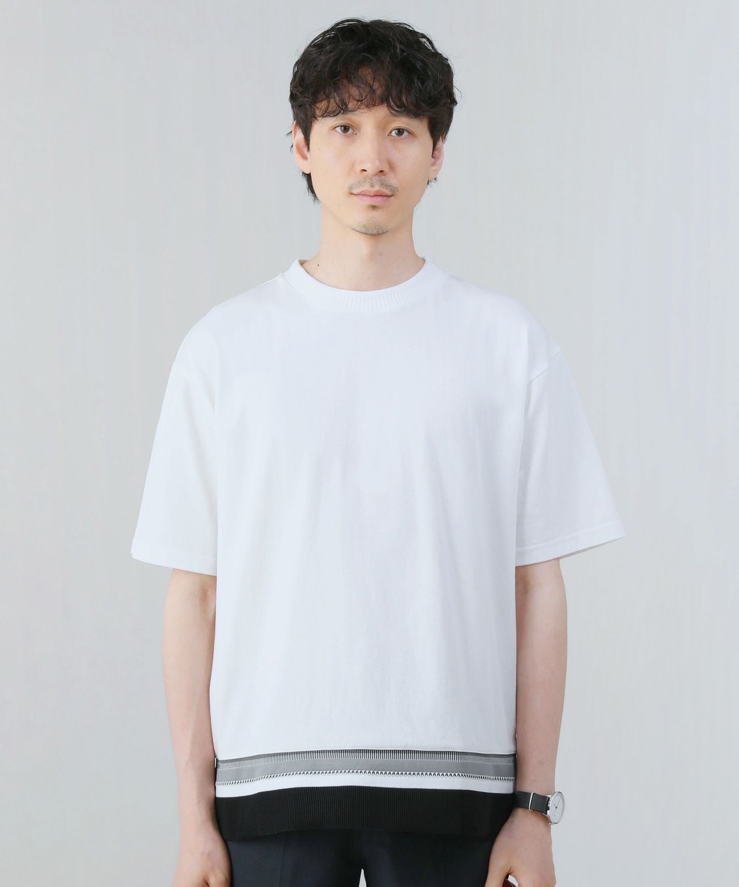 ミドルウェイト裾ジャガードリブデザイン半袖クルーネックTシャツ