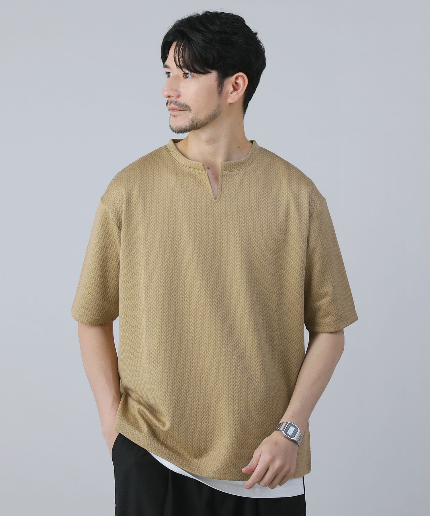 編み柄ジャガードスキッパー半袖Tシャツ | 【公式】SPU スプ公式通販