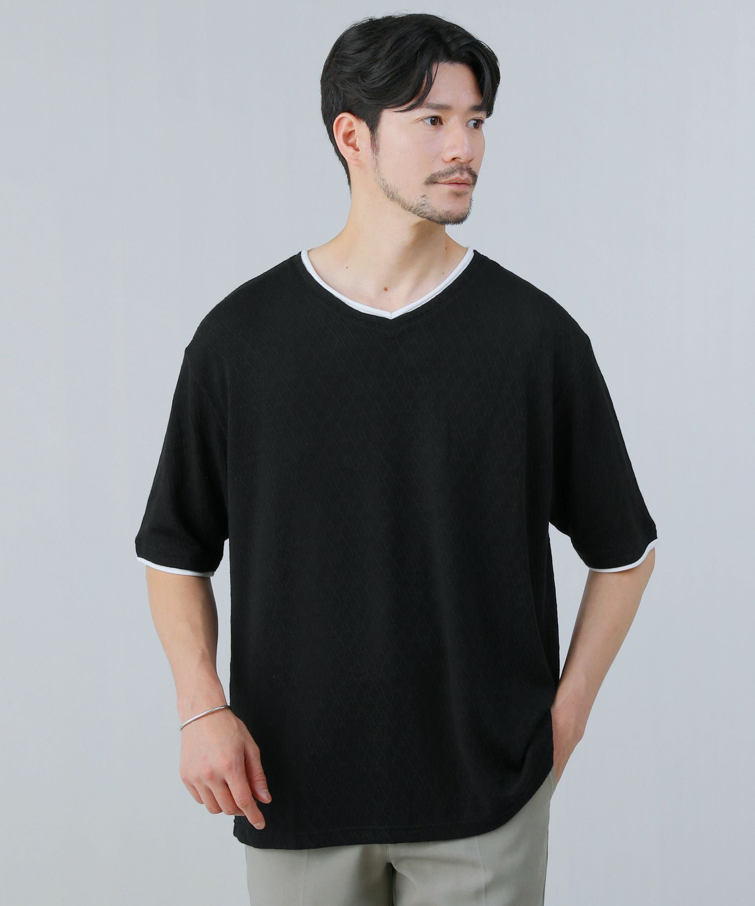 菱柄ジャガードフェイクレイヤードVネック半袖Tシャツ | 【公式】SPU