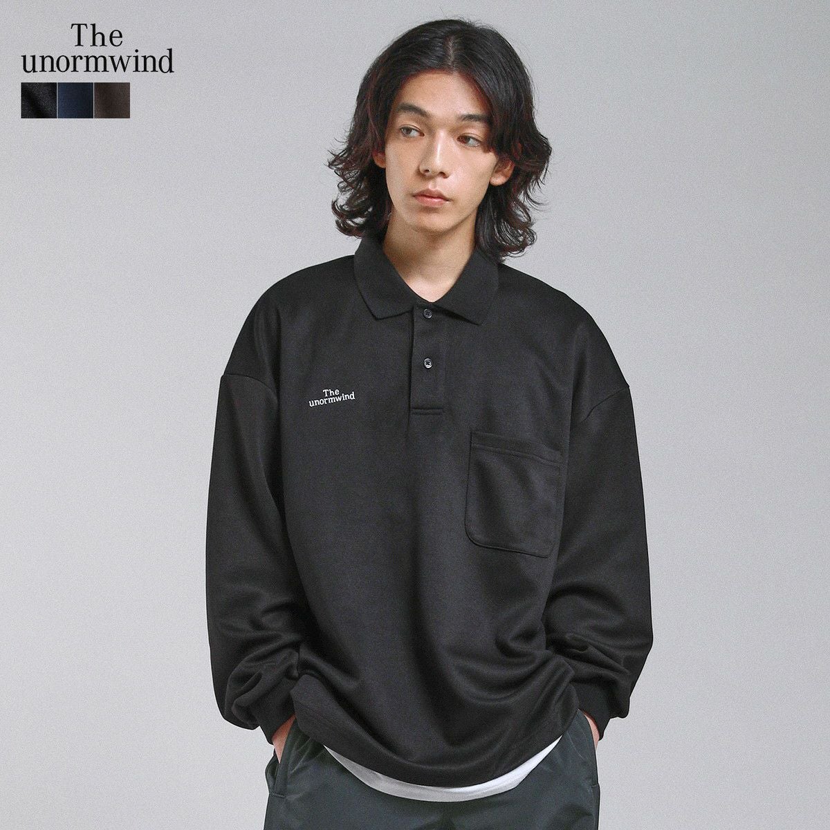 胸ロゴ刺繍裾ドローコード鹿の子ポンチハーフボタン長袖ポロシャツ