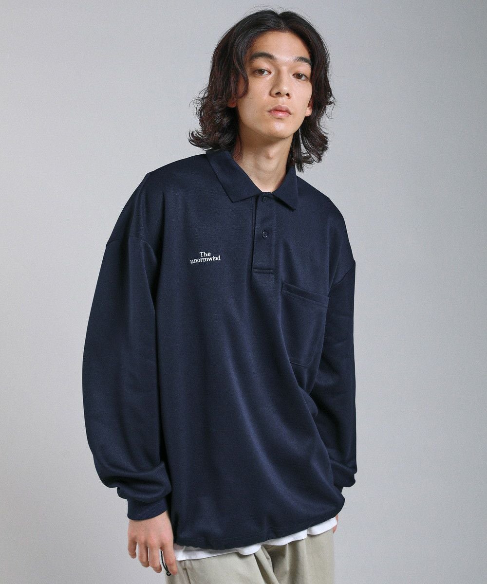 胸ロゴ刺繍裾ドローコード鹿の子ポンチハーフボタン長袖ポロシャツ