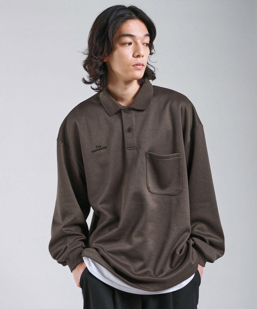 胸ロゴ刺繍裾ドローコード鹿の子ポンチハーフボタン長袖ポロシャツ