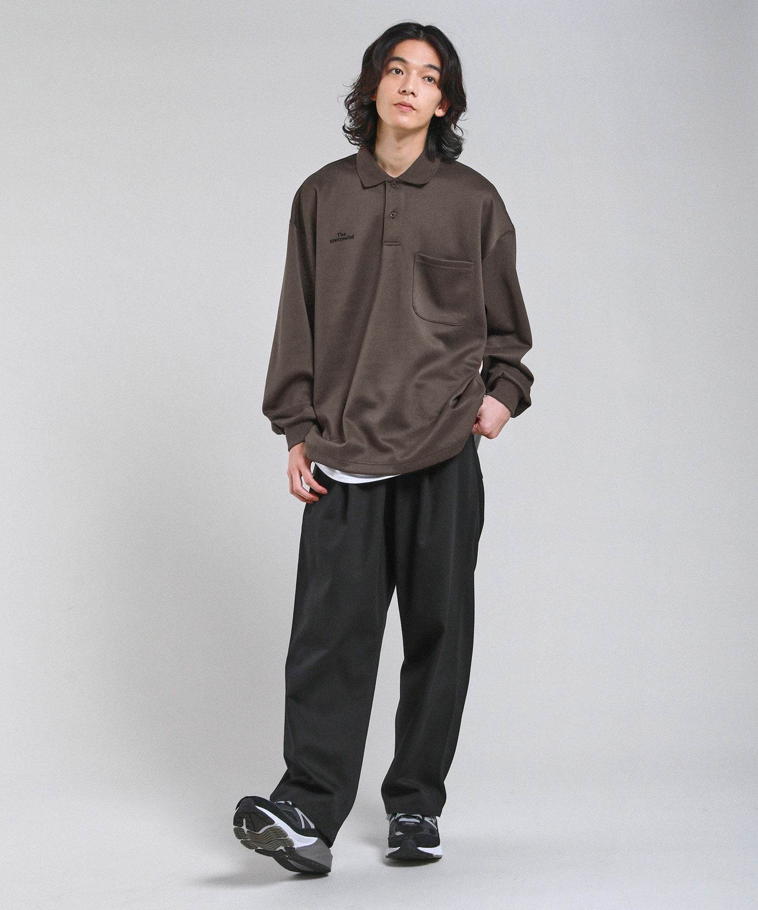 胸ロゴ刺繍裾ドローコード鹿の子ポンチハーフボタン長袖ポロシャツ