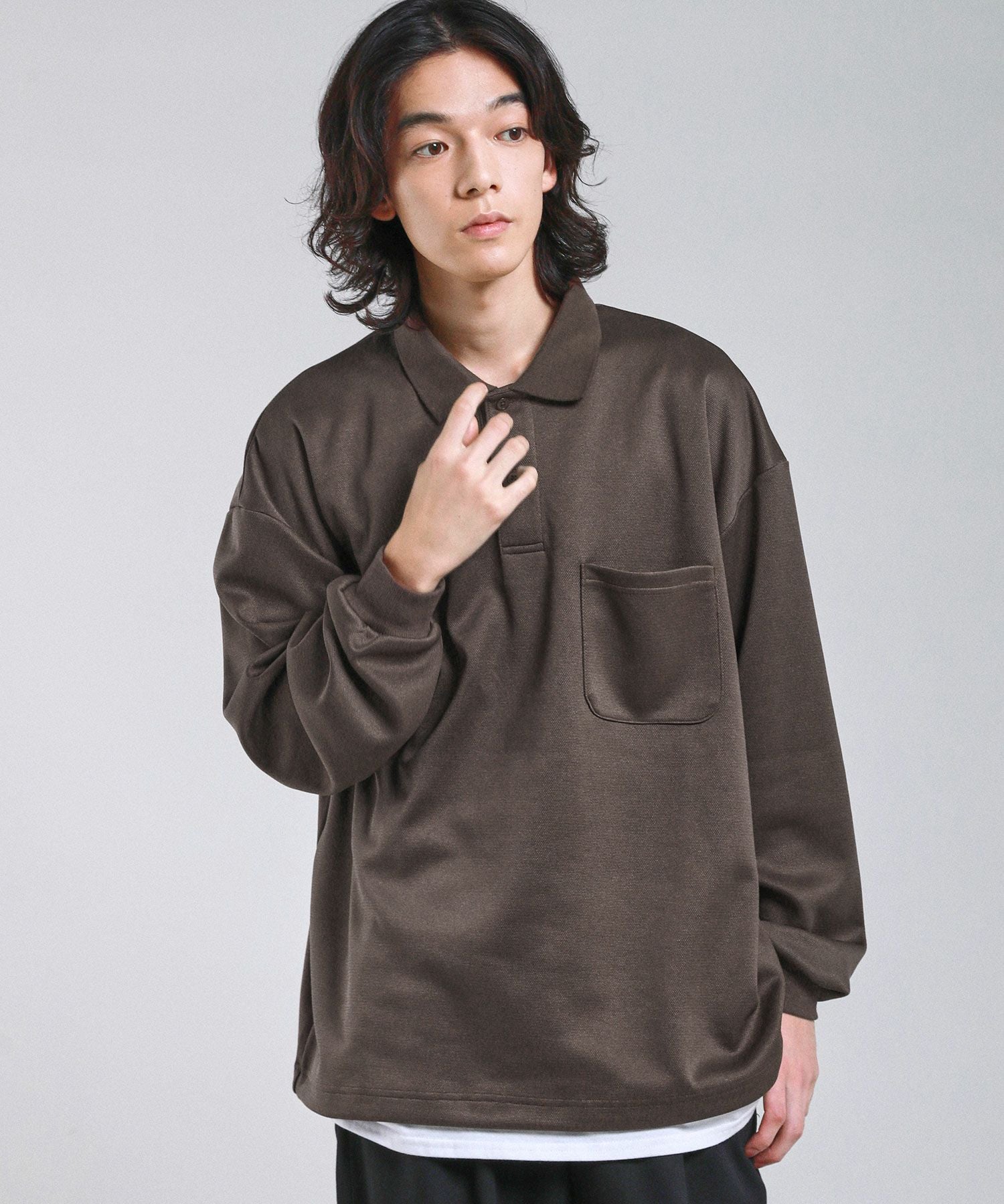 胸ロゴ刺繍裾ドローコード鹿の子ポンチハーフボタン長袖ポロシャツ