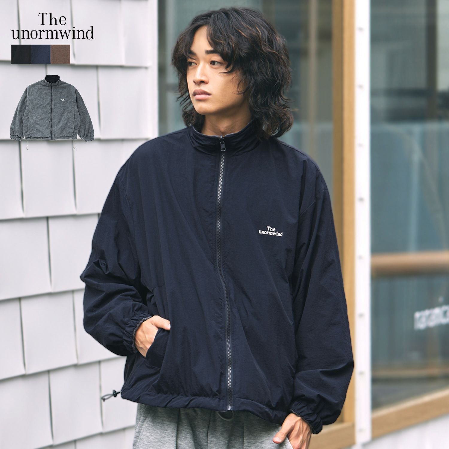 胸刺繍ロゴ裾ドローコードリバーシブルテックナイロン＆フリース長袖