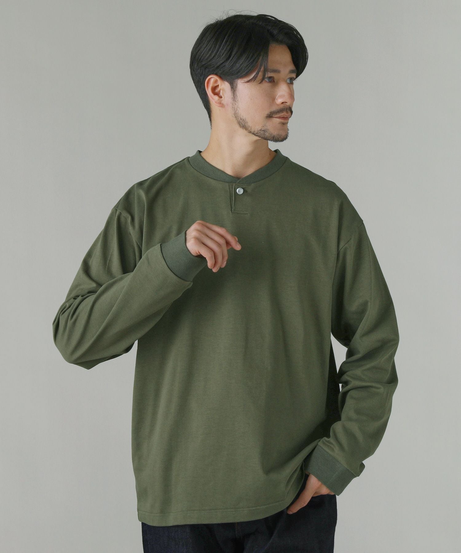 日本製VORTEX8オンス（MVS天竺）コンチョ釦ヘンリー長袖Tシャツ