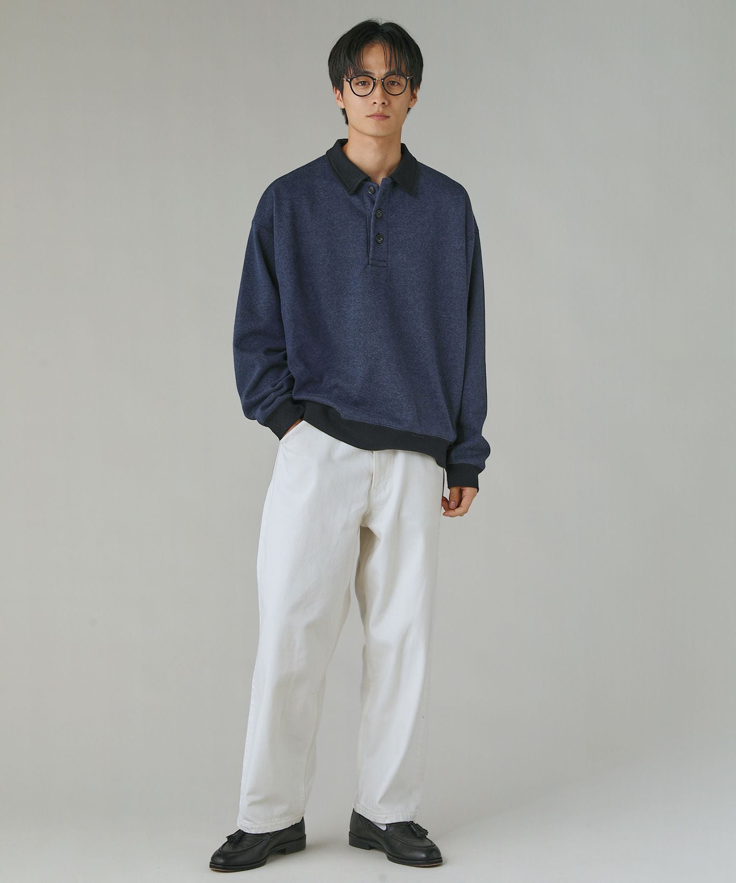 日本製ボンバーヒートツイードスウェットライク長袖ポロシャツ