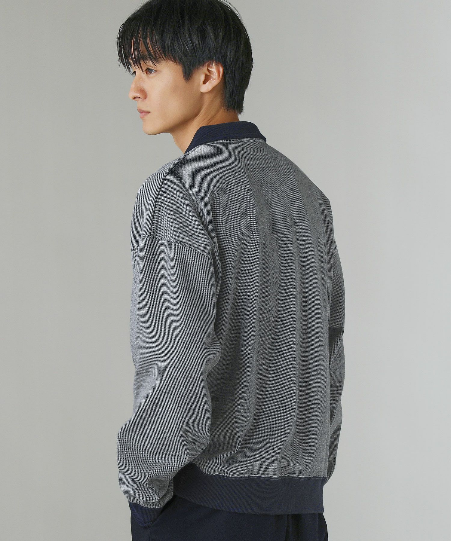 日本製ボンバーヒートツイードスウェットライク長袖ポロシャツ