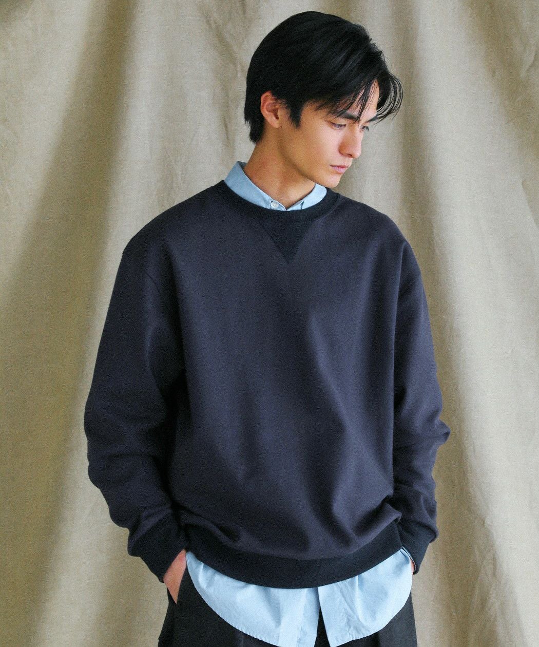 日本製和歌山ミラノリブ10オンスクルーネックスウェットライクバルーン