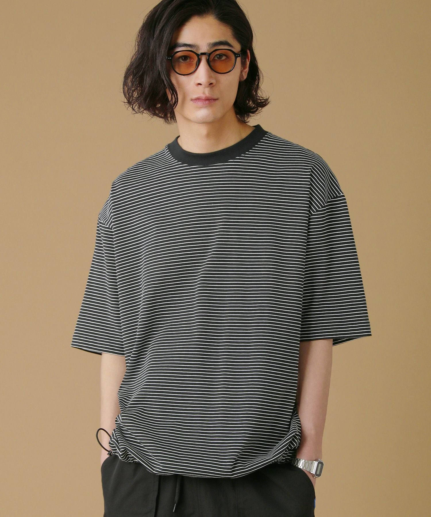 マイクロボーダードローストリングオーバーサイズ半袖Tシャツ | 【公式