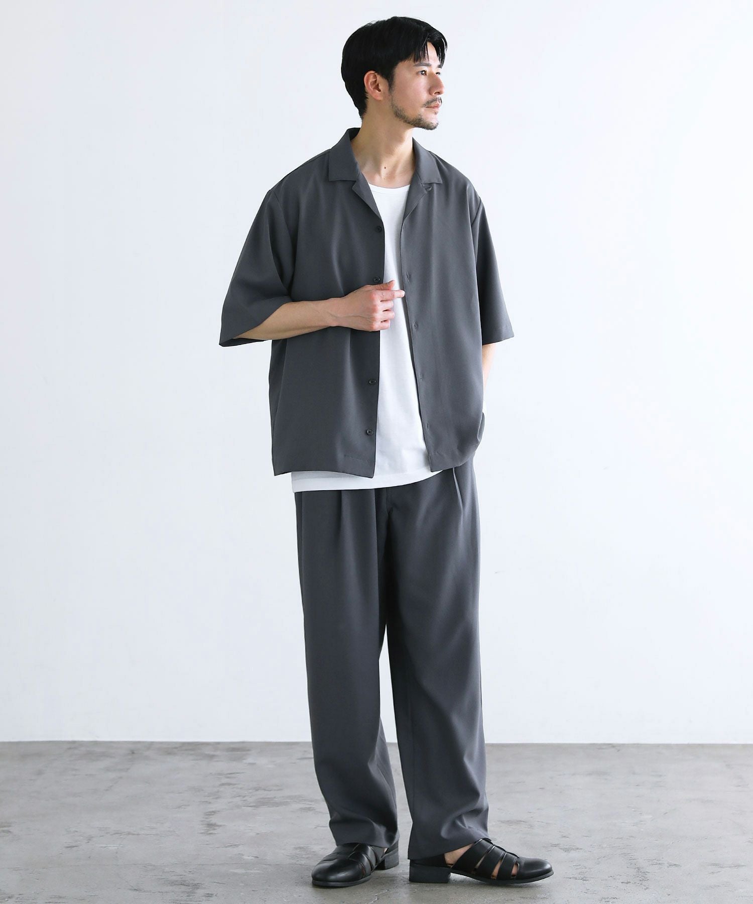 セットアップ 3点セット】防シワ接触冷感リラックスワイドシャツ+天竺