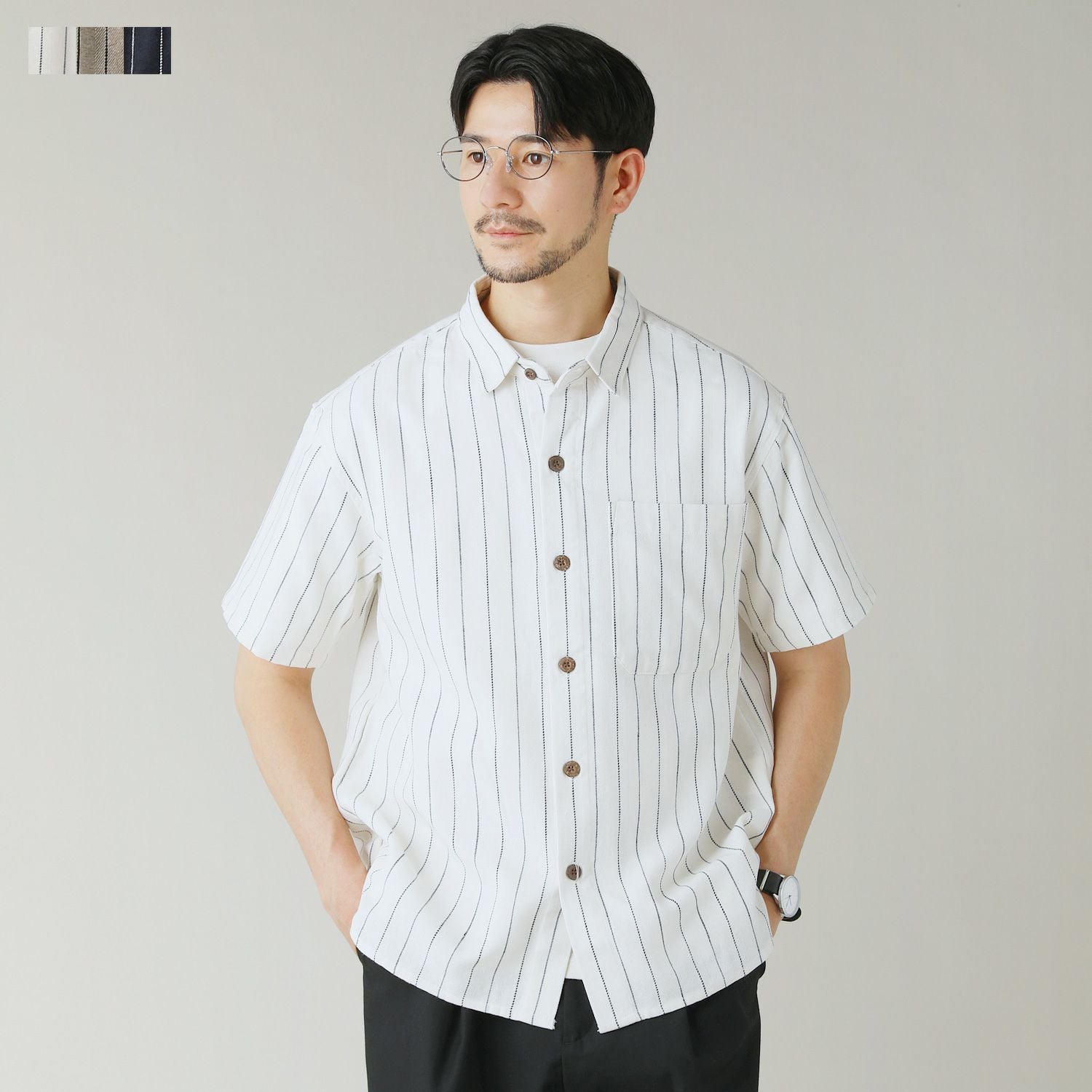 綿麻オーバーサイズレギュラーカラーストライプ半袖シャツ | 【公式