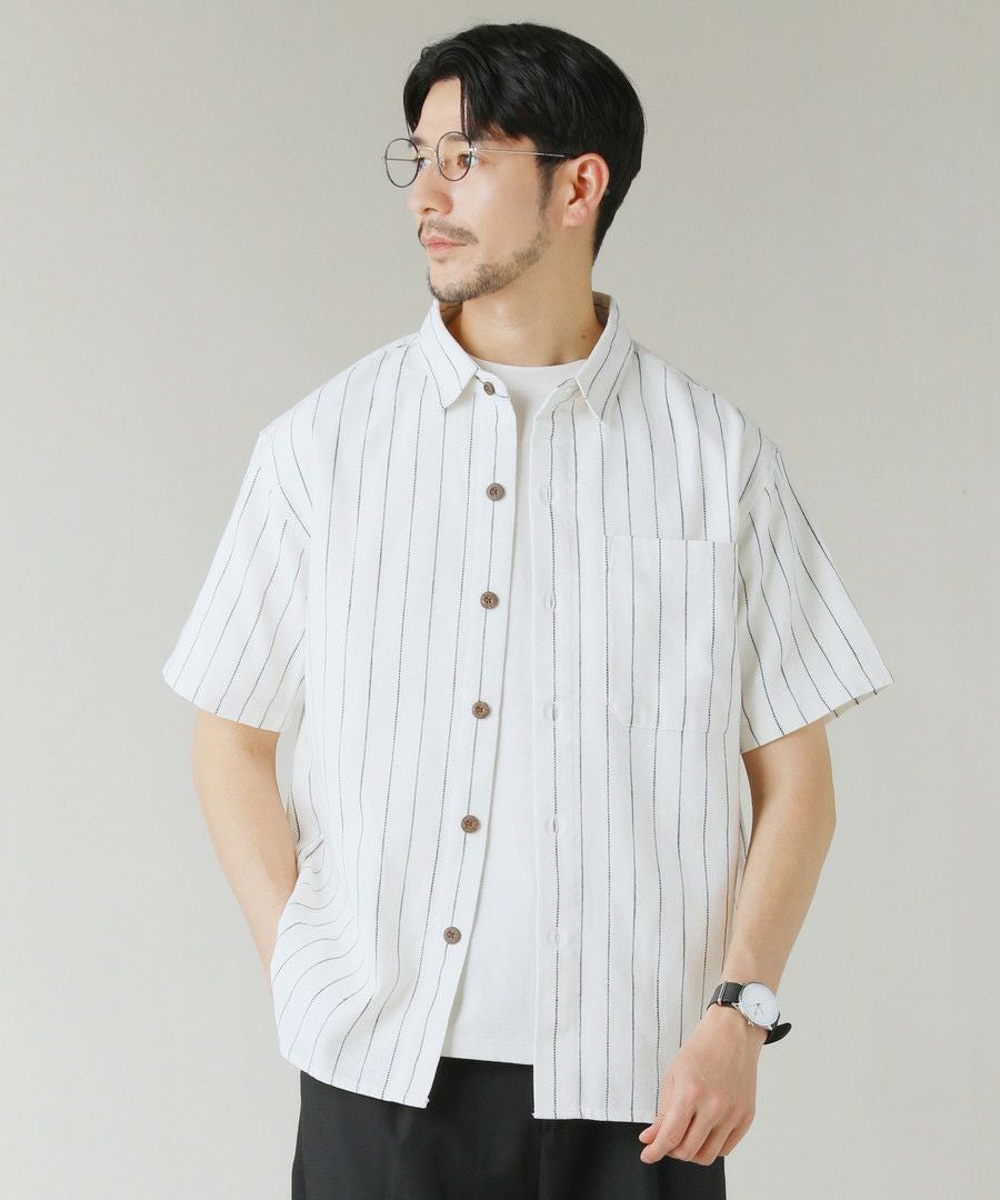 綿麻オーバーサイズレギュラーカラーストライプ半袖シャツ | 【公式