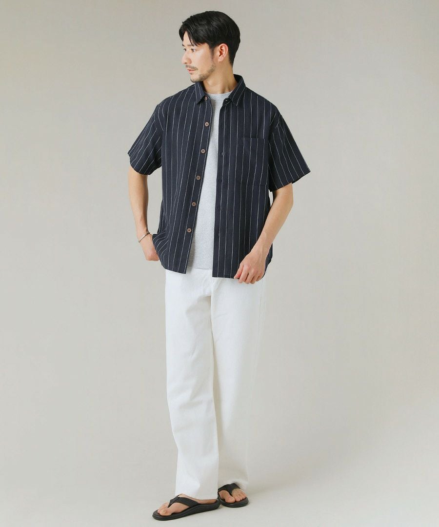 綿麻オーバーサイズレギュラーカラーストライプ半袖シャツ | 【公式