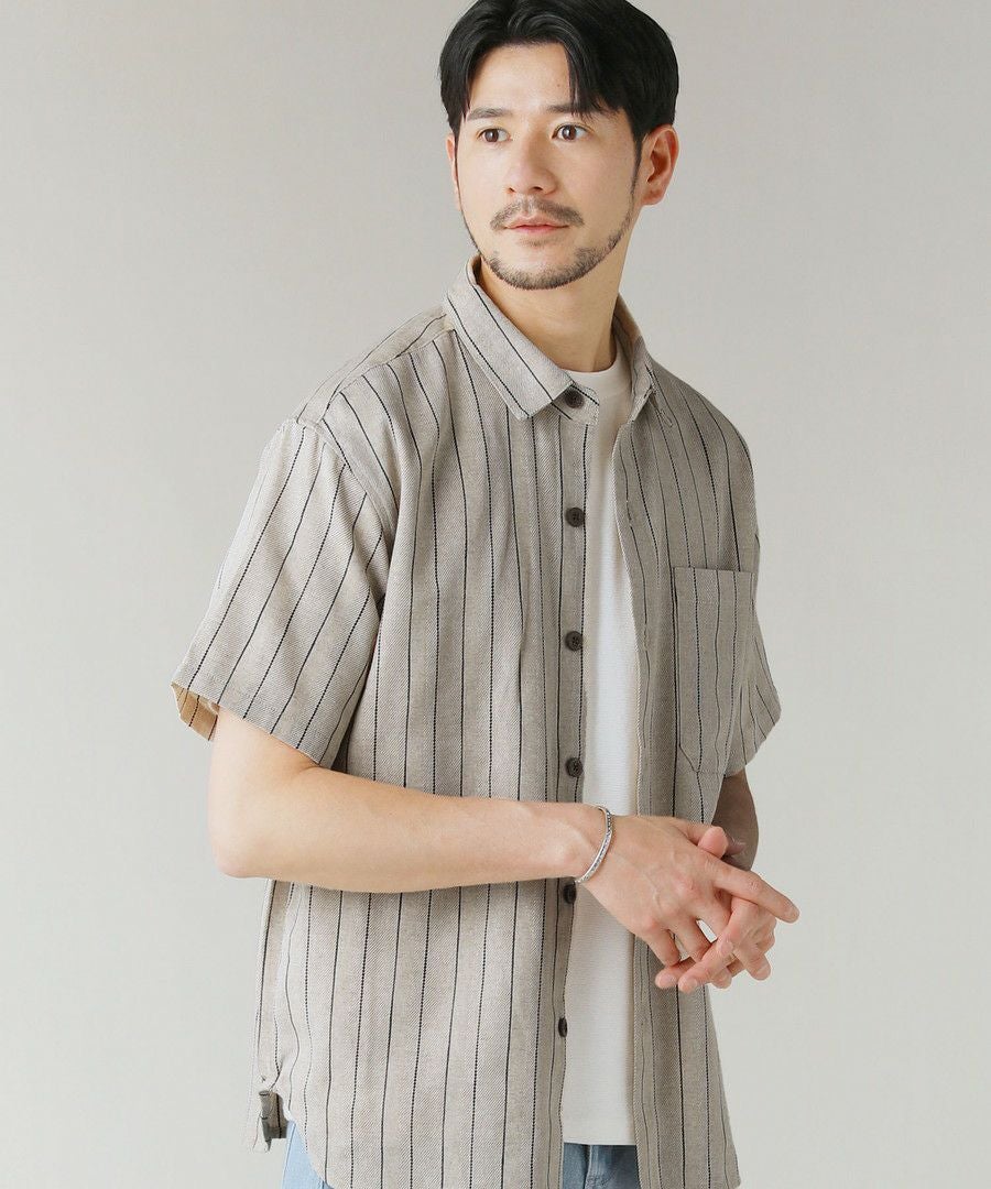 綿麻オーバーサイズレギュラーカラーストライプ半袖シャツ | 【公式