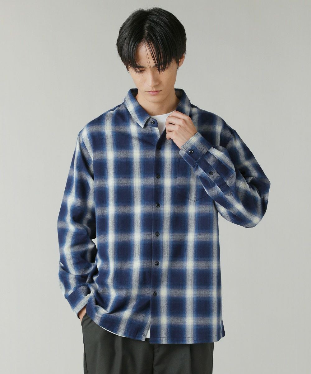 リラクシングシルエットオンブレチェックレギュラーカラー長袖