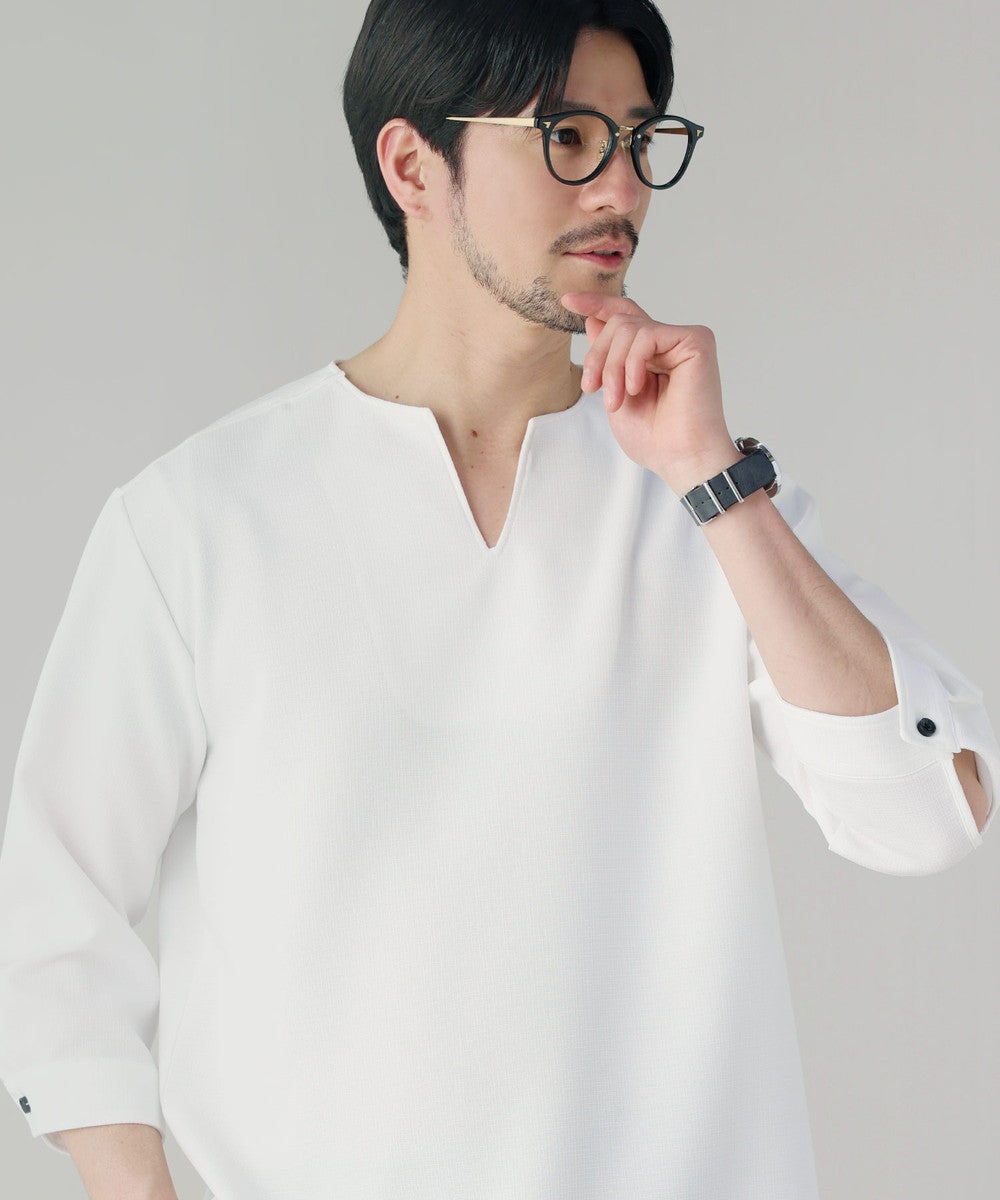 日本製キーネックデザイン綿麻ライクテックキャンバスルーズシルエット