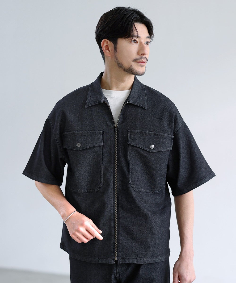 機能性メッシュデニム半袖シャツ