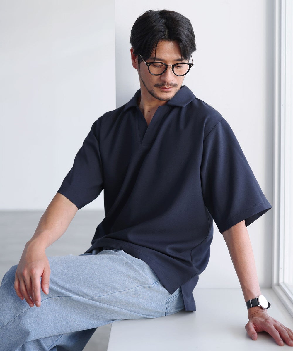 防シワ接触冷感 キーネックプルオーバーシャツ
